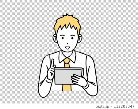 タブレットを操作する若い会社員の男性のイラスト タブレットを操作する若い会社員の男性のイラスト 112205347