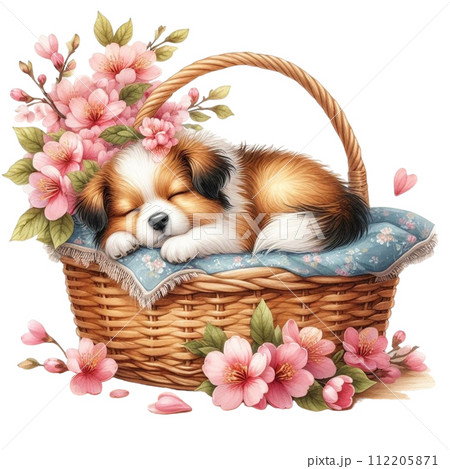 Sleeping dog cherry blossom basket clipart watercolor 112205871