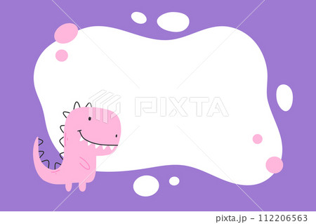 Dino photo frame, templates for text or invitations. Vector illustration of a funny cartoon dinosaur character. Scandinavian style doodle, hand drawn 112206563