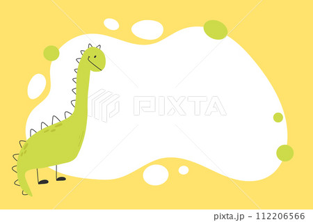 Dino photo frame, templates for text or invitations. Vector illustration of a funny cartoon dinosaur character. Scandinavian style doodle, hand drawn 112206566