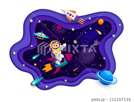Galaxy space paper cut banner with kid astronaut on rocket, UFO and planets landscape, cartoon vector. Kid spaceman on spaceship on galactic travel to stars, outer space and starry sky with asteroids 112207138