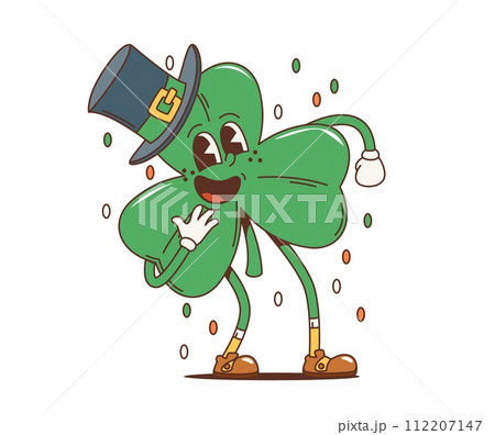 Cartoon retro shamrock trefoil clover groovy character, saint patrick day holiday personage. Vector funny leaf with leprechaun top hat and friendly smile spreading joy and luck for Irish festival 112207147