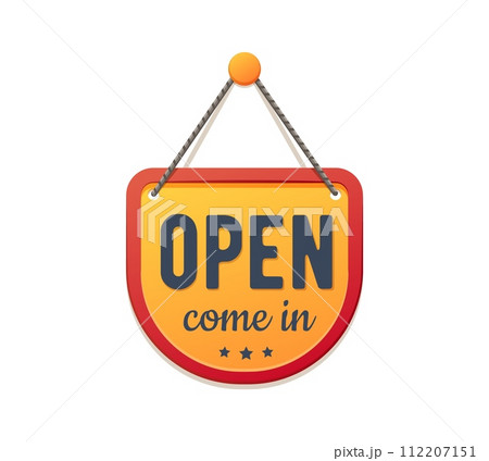 Open come in board sign, shop notice signboard. Supermarket welcome notice signboard, store open board sign or business information hanging entrance isolated vector banner Open come in board sign, shop notice signboard. Supermarket welcome notice signboard, store open board sign or business information hanging entrance isolated vector banner 112207151