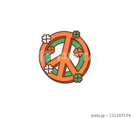 Cartoon retro groovy hippie peace sign, saint patrick day holiday. Isolated vector vibrant, iconic emblem, symbolizing unity, harmony, love and non-violence, embodying the 1960s and 70s hippy movement 112207154
