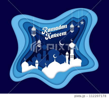 Ramadan Kareem paper cut banner. Muslim mosque, arabian lantern lamps and crescent moon on sky. Arabic greeting, Ramadan Kareem holiday banner or Eid Mubarak celebration paper cut vector background 112207178