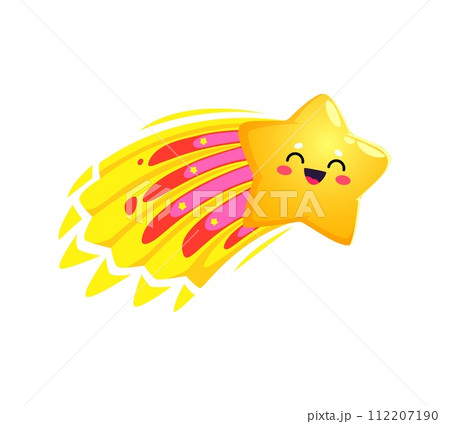 Cartoon cute cheerful kawaii falling star, happy character. Isolated vector cheerful toon comet personage with a smiling face and sparkling colorful trail, spreading joy across the night sky Cartoon cute cheerful kawaii falling star, happy character. Isolated vector cheerful toon comet personage with a smiling face and sparkling colorful trail, spreading joy across the night sky 112207190