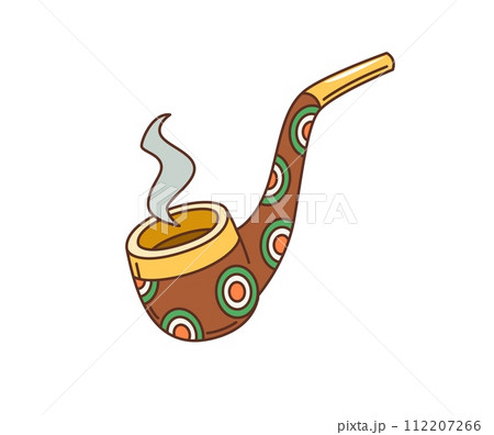 Cartoon retro groovy leprechaun smoking pipe, saint patrick day holiday item. Isolated vector iconic accessory, curved, wooden pipe with pattern and smoke, used to accentuate festive irish folklore 112207266