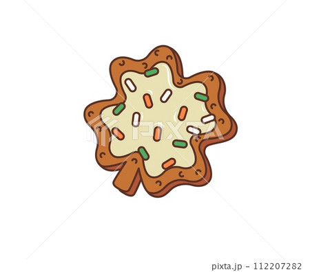 Cartoon retro groovy irish shamrock clover cookie, saint patrick day holiday pastry dessert. Isolated vector sweet delightful ireland treat in shape of trefoil leaf with colorful sprinkles and glaze Cartoon retro groovy irish shamrock clover cookie, saint patrick day holiday pastry dessert. Isolated vector sweet delightful ireland treat in shape of trefoil leaf with colorful sprinkles and glaze 112207282