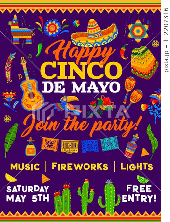 Cinco de mayo holiday party flyer. Vector invitation poster with traditional Hispanic sombrero, guitar, poncho and cacti. Pinata, tropical flowers, papel picado flags and maracas with tequila bottles 112207316