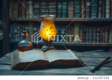 World Poetry Day, Thick book that was left open It was placed on a wooden table with a lamp glowing 112207338