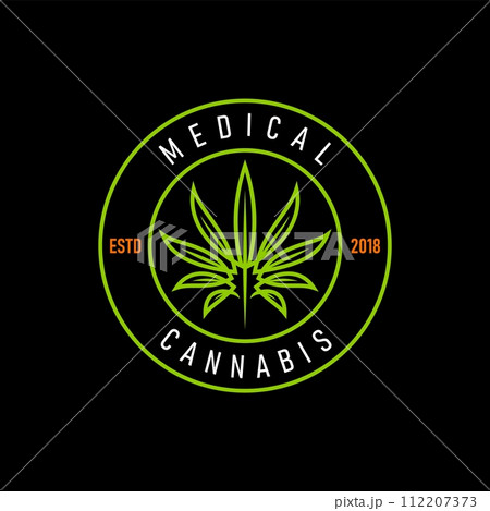 Medical cannabis, marijuana emblem, CBD or weed leaf icon. Natural marijuana plant graphic symbol, medical drug or medicine cannabis product store advertising vector emblem or round print Medical cannabis, marijuana emblem, CBD or weed leaf icon. Natural marijuana plant graphic symbol, medical drug or medicine cannabis product store advertising vector emblem or round print 112207373