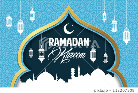 Ramadan Kareem holiday banner with paper cut muslim mosque and arabian lantern lamps. Eid Mubarak celebration, arabic holiday or muslim greeting vector banner. Ramadan religious cover or background Ramadan Kareem holiday banner with paper cut muslim mosque and arabian lantern lamps. Eid Mubarak celebration, arabic holiday or muslim greeting vector banner. Ramadan religious cover or background 112207509