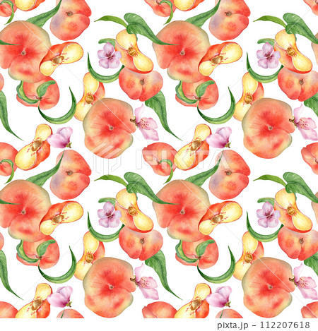 Watercolor flat peaches with leaves and flowers seamless pattern isolated on white. Fruits and flowers pattern painted. Chines Fig peaches hand drawn. Design element for package, skin care cosmetic 112207618