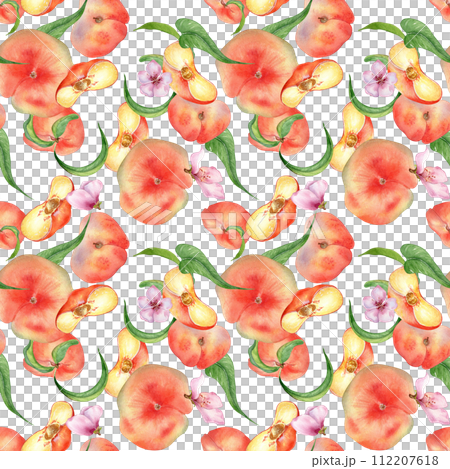 Watercolor flat peaches with leaves and flowers seamless pattern isolated on white. Fruits and flowers pattern painted. Chines Fig peaches hand drawn. Design element for package, skin care cosmetic 112207618