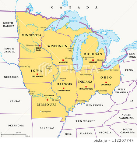 Midwest Region of the United States, political map. Midwestern United States or American Midwest, a geographic region, south of the Great Lakes, bordered by Mid-Atlantic, the South and Great Plains. 112207747