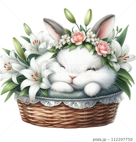 Cute rabbit sleeping Flower Basket clipart watercolor Cute rabbit sleeping Flower Basket clipart watercolor 112207750