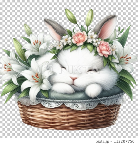 Cute rabbit sleeping Flower Basket clipart watercolor Cute rabbit sleeping Flower Basket clipart watercolor 112207750