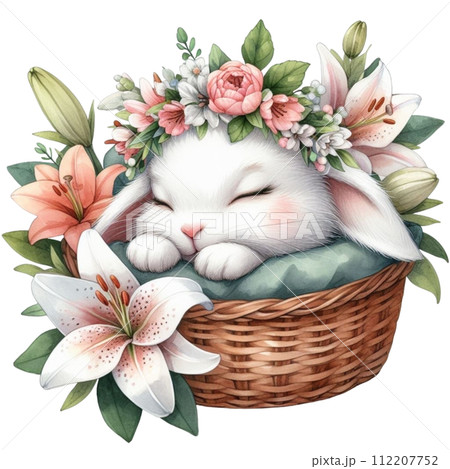 Cute rabbit sleeping  Flower Basket clipart watercolor 112207752