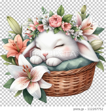 Cute rabbit sleeping  Flower Basket clipart watercolor 112207752
