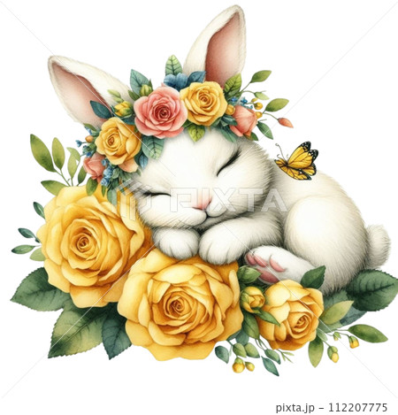 Cute rabbit sleeping Flower Basket clipart watercolor Cute rabbit sleeping Flower Basket clipart watercolor 112207775