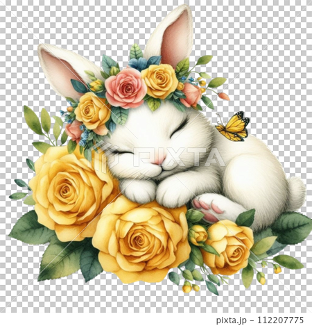 Cute rabbit sleeping Flower Basket clipart watercolor Cute rabbit sleeping Flower Basket clipart watercolor 112207775