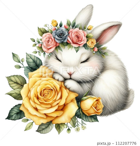 Cute rabbit sleeping  Flower Basket clipart watercolor 112207776
