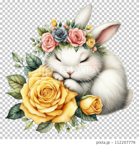 Cute rabbit sleeping  Flower Basket clipart watercolor 112207776