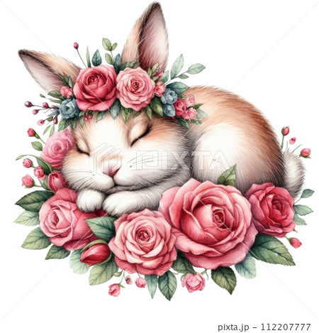 Cute rabbit sleeping  Flower Basket clipart watercolor 112207777