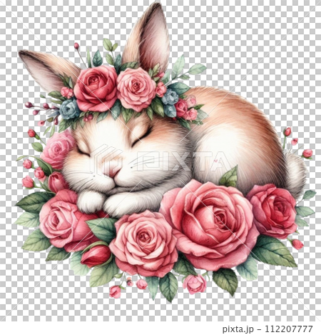 Cute rabbit sleeping  Flower Basket clipart watercolor 112207777