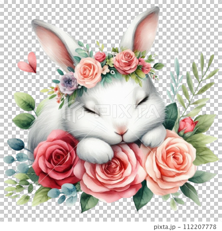 Cute rabbit sleeping  Flower Basket clipart watercolor 112207778