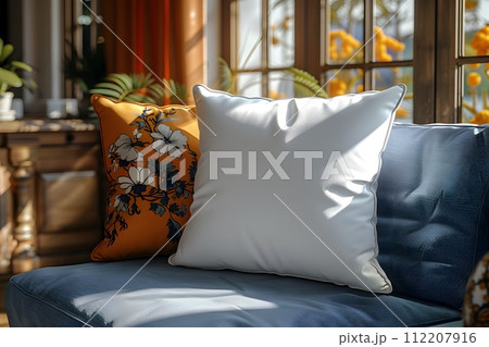 3D Mockup of Pillows on Blue Couch with Dramatic Lighting 3D Mockup of Pillows on Blue Couch with Dramatic Lighting 112207916
