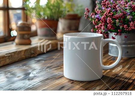8k Mockup of Coffee Mug and Flowers on a Wooden Table 8k Mockup of Coffee Mug and Flowers on a Wooden Table 112207918