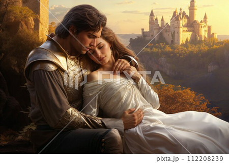 AI-generated content. Romantic Embrace by the Castle Moat 112208239