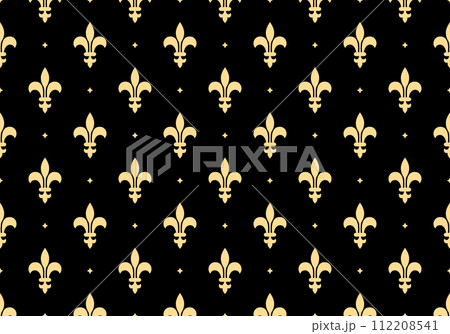 Flower geometric pattern. with royal lily. Seamless vector background. Gold and black ornament Flower geometric pattern. with royal lily. Seamless vector background. Gold and black ornament 112208541