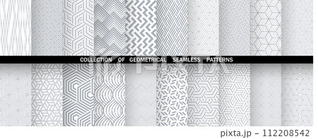 Geometric set of seamless gray and white patterns. Simple vector graphics. Geometric set of seamless gray and white patterns. Simple vector graphics. 112208542