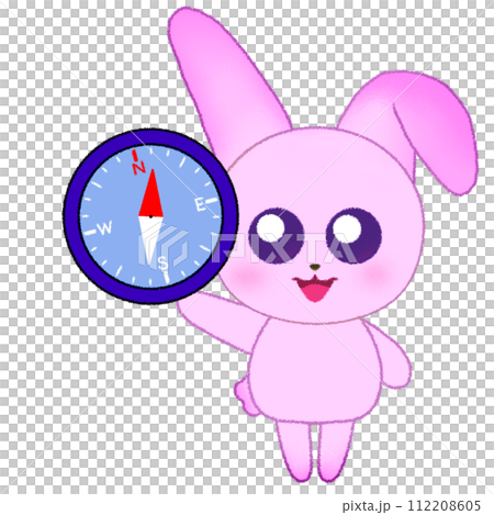 手をあげて方位磁石を持つウサギのクレヨンイラスト 112208605