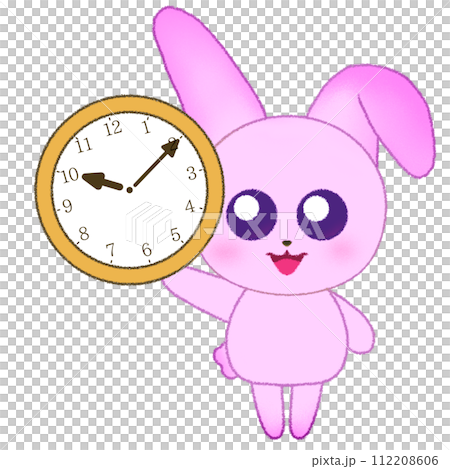 手をあげて時計を持つウサギのクレヨンイラスト 112208606