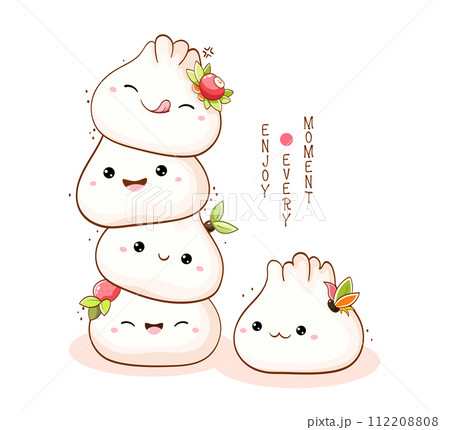 Stack of cute traditional chinese dumpling in kawaii style. Japanese traditional cuisine dishes. Inscription Enjoy every moment. Can be used for t-shirt print, sticker, greeting card. Vector EPS8 112208808