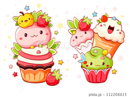 Set of cute sweet desserts in kawaii style with smiling face and pink cheeks. Cake, muffin and cupcake with whipped cream, cherry and strawberry. Vector illustration EPS8 Set of cute sweet desserts in kawaii style with smiling face and pink cheeks. Cake, muffin and cupcake with whipped cream, cherry and strawberry. Vector illustration EPS8 112208815