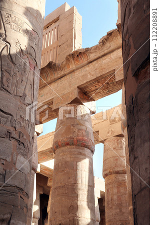 Ancient Column With Colorful Mural Wall Painting, Karnak temple complex, Luxor, Egypt, North Africa 112208891