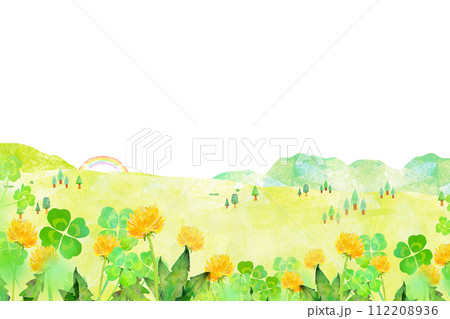 たんぽぽが咲く丘　水彩イラスト 112208936