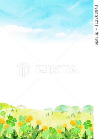 たんぽぽが咲く丘　水彩イラスト 112208943
