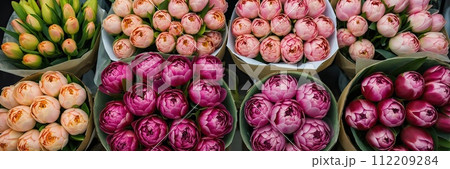 Multicolored pions in a flower shop - fresh supply of cut flowers for spring holidays, floral shop. AI generated 112209284