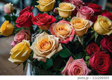 Multicolored roses in a flower shop - fresh supply of cut flowers for spring holidays, floral shop. AI generated 112209305
