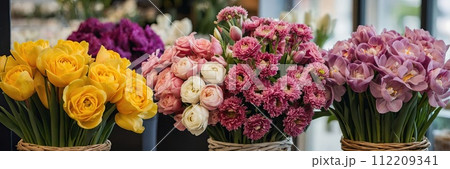 Multicolored spring flowers in a flower shop - fresh supply of cut flowers for spring holidays. Tulips, roses, peonies, crocuses, chrysanthemums, hydrangeas, hyacinth, eustoma. AI generated 112209341