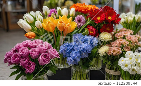 Multicolored spring flowers in a flower shop - fresh supply of cut flowers for spring holidays. Tulips, roses, peonies, crocuses, chrysanthemums, hydrangeas, hyacinth, eustoma. AI generated 112209344