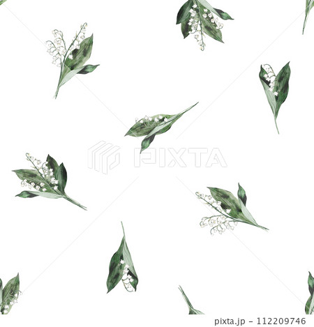 Floral pattern spring lily of the valley. Watercolor seamless background flowers. Cute Print for textile design or wallpaper. Hand drawn illustration with flowers, buds, leaves and stems. 112209746