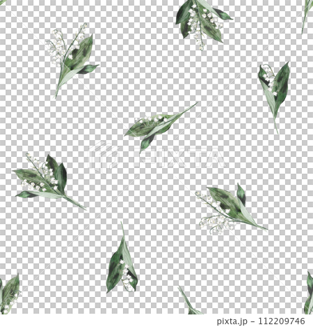 Floral pattern spring lily of the valley. Watercolor seamless background flowers. Cute Print for textile design or wallpaper. Hand drawn illustration with flowers, buds, leaves and stems. 112209746