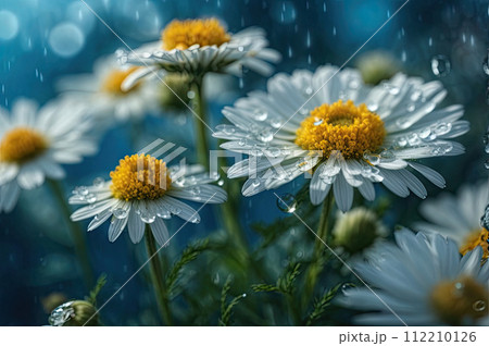 Water drops on chamomile flower close-up macro on a blue backgro 112210126