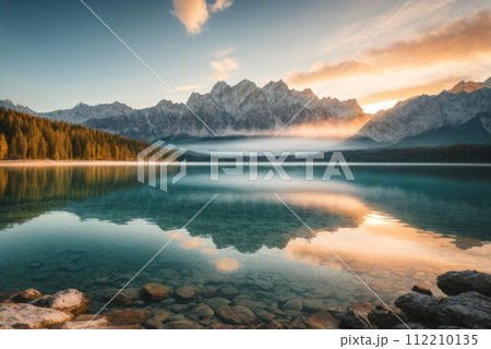 summer sunrise on beautiful lake with mountain range ,beauty of 112210135